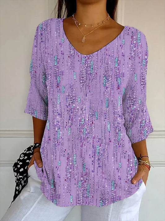 Women's Artistic Design Printed Ribbed Fabric Casual V-Neck Mid-Sleeve T-Shirt