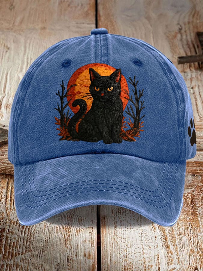 Unisex Distressed Washed Cute Cat Print Hat