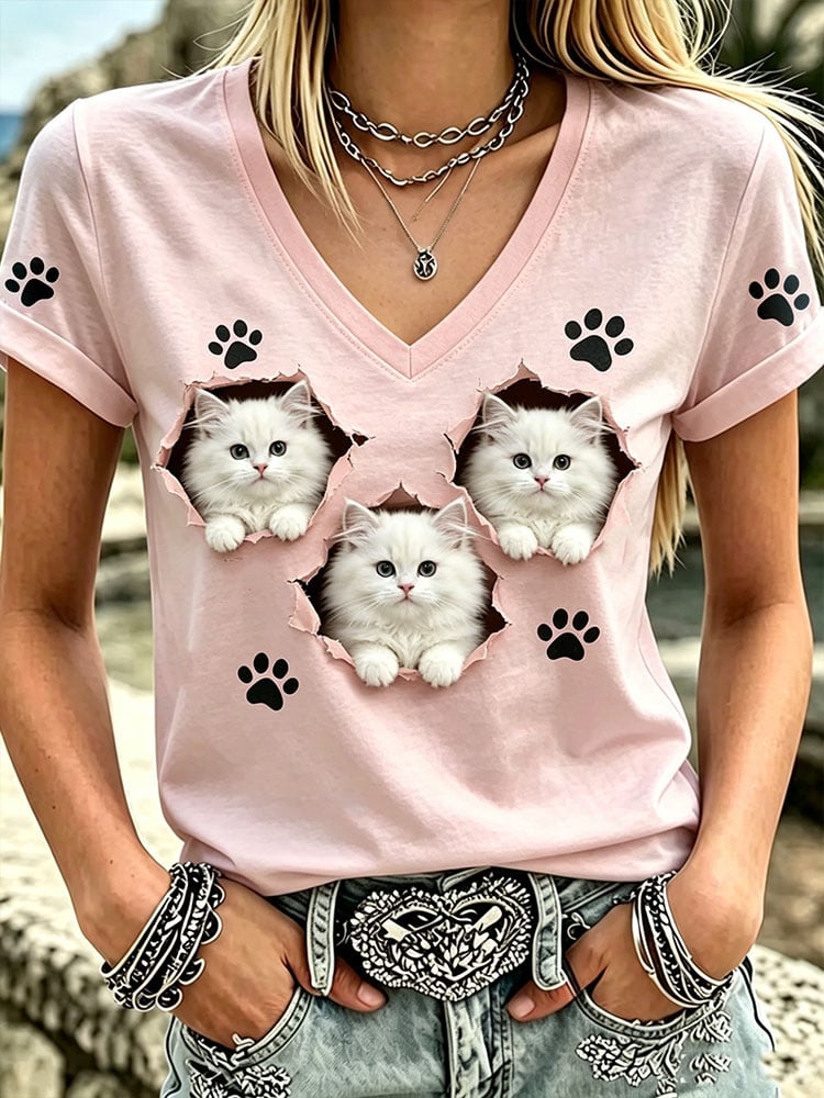 Women's Casual Cute Cat Print Short-Sleeve T-Shirt