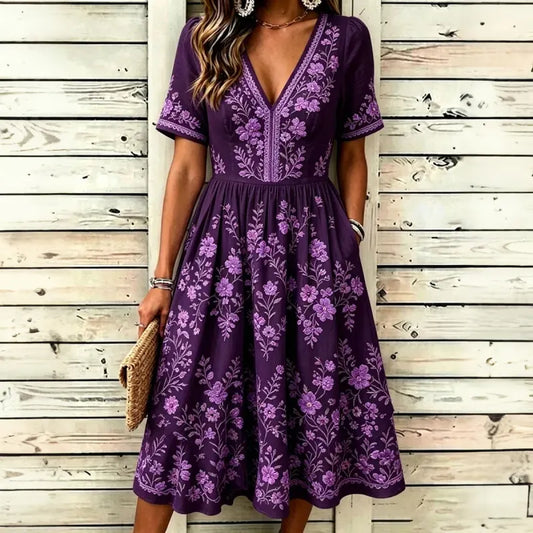 Women's Retro Resort Floral V-neck Cotton Linen Short-sleeve Dress