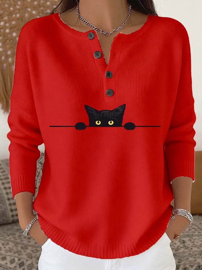 Women's Casual Cat Print Knit Top