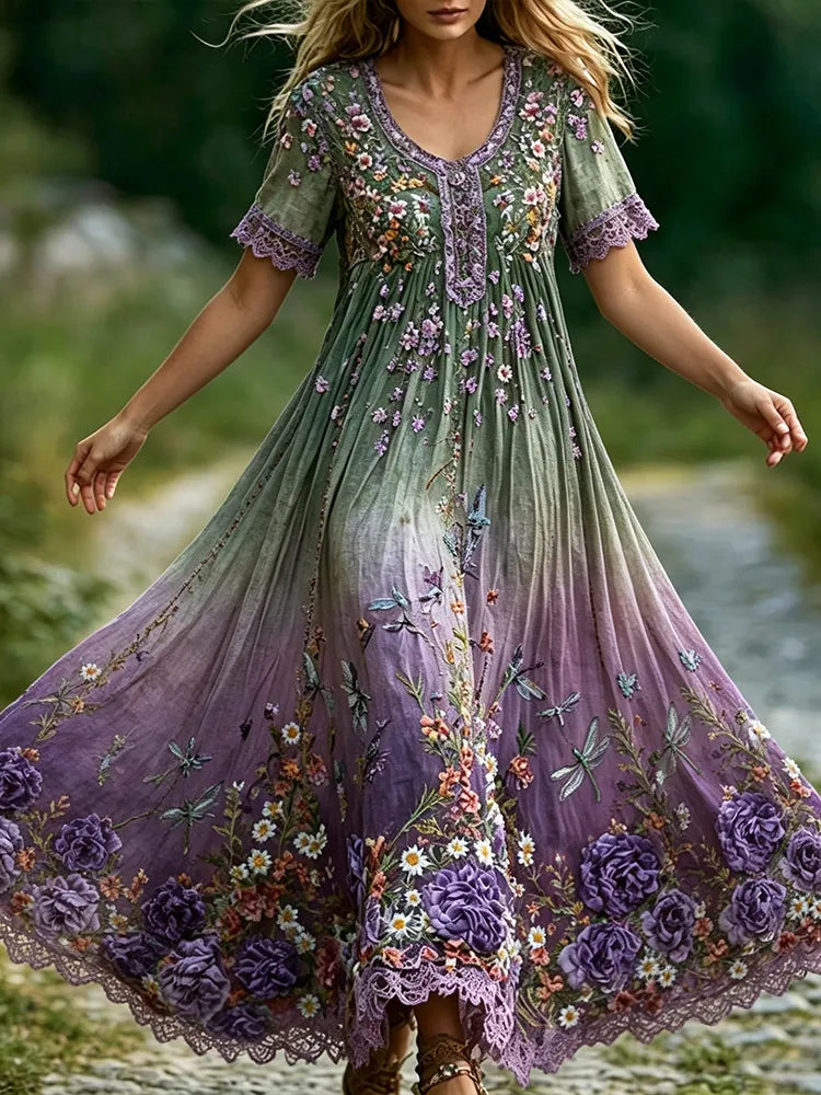 Women's Vintage Purple Floral And Dragonfly Art Gradient Cotton Linen V-neck Short Sleeve Dress