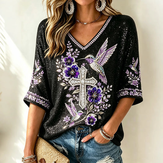 Women's Vintage Purple Flowers And Birds Art Three-quarter Sleeve Top