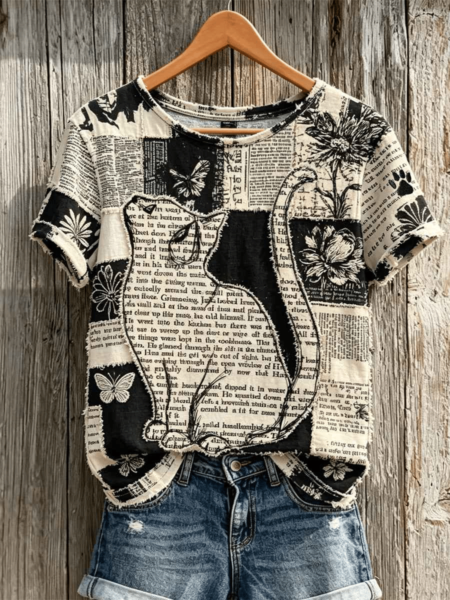 Women's Retro Cat And paw Print T-Shirt