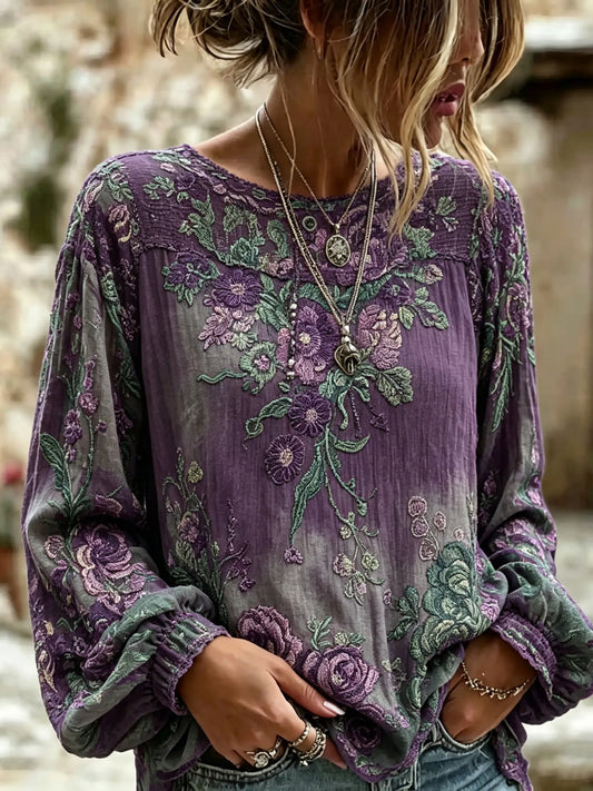 Women's Retro Floral Embroidery Cotton Linen Round Neck Long Sleeve Top