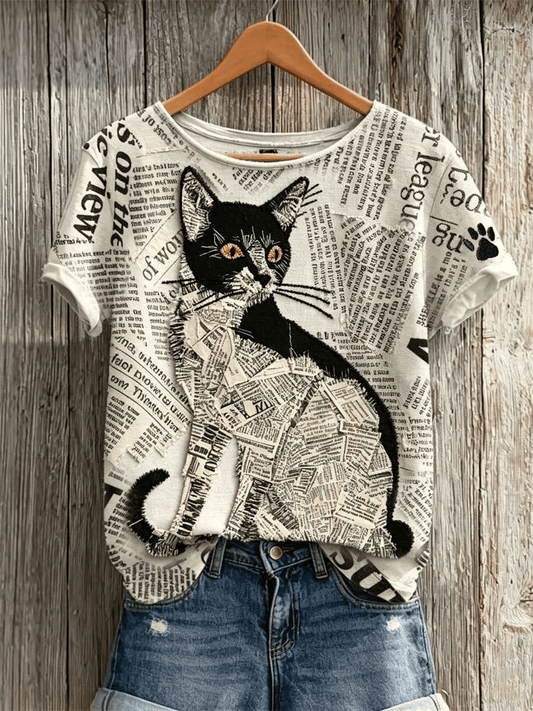 Women's Retro Cat And paw Print T-Shirt