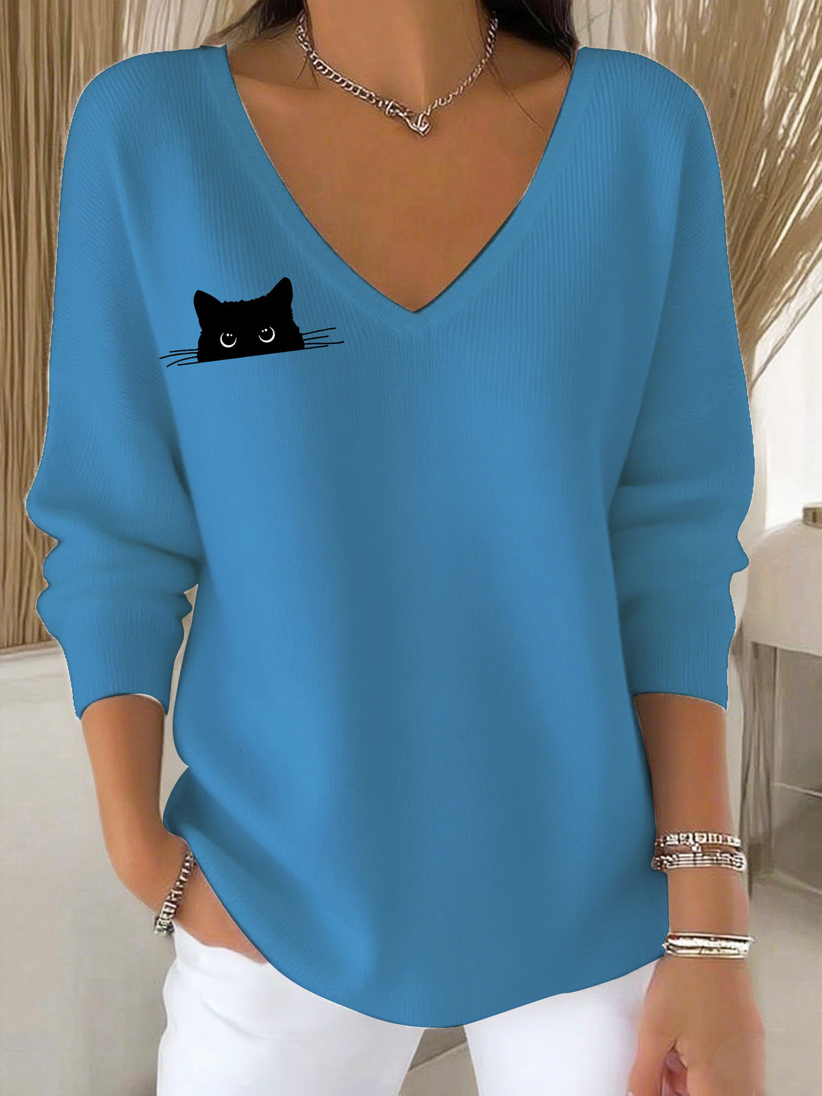 Women's Autumn Cute Black Cat Print Casual Top