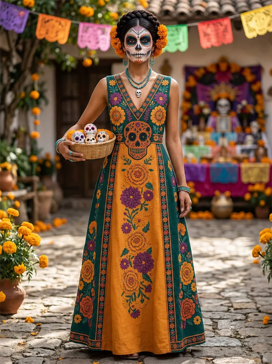 Women's Retro Color Block Floral Skull Holiday Cotton Linen V-neck Sleeveless Dress