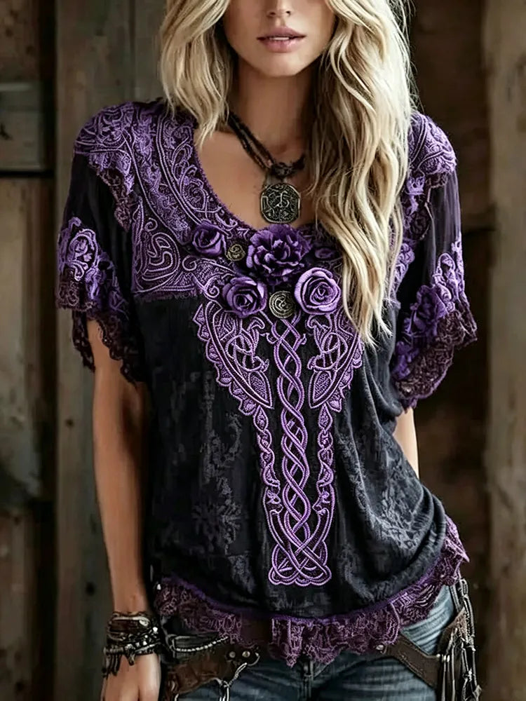 Women's Retro Purple Rose And Kelley Knot Gradient Pattern Casual Linen Crew Neck T-shirt