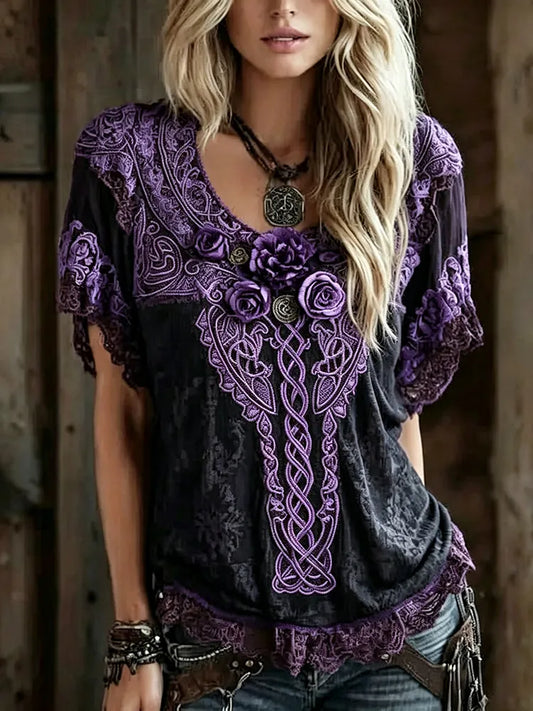 Women's Retro Purple Rose And Kelley Knot Gradient Pattern Casual Linen Crew Neck T-shirt