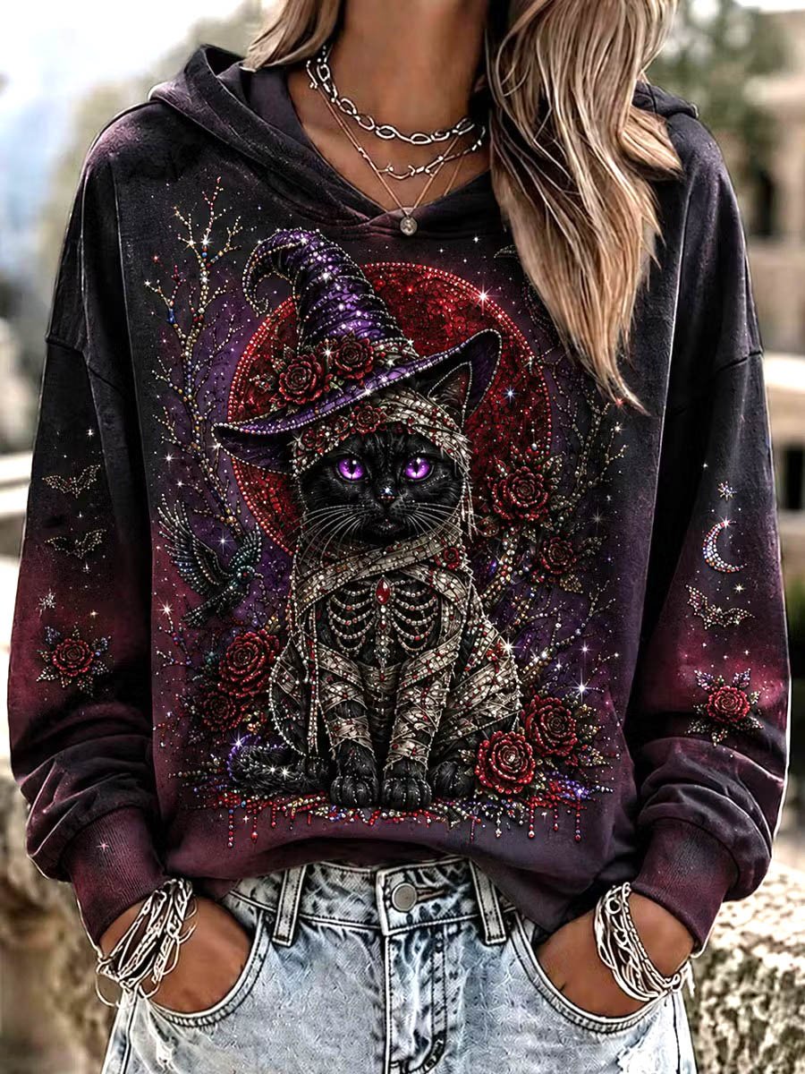 Women's Halloween Black Cat Art Print Casual Hoodie