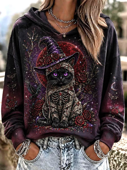 Women's Halloween Black Cat Art Print Casual Hoodie
