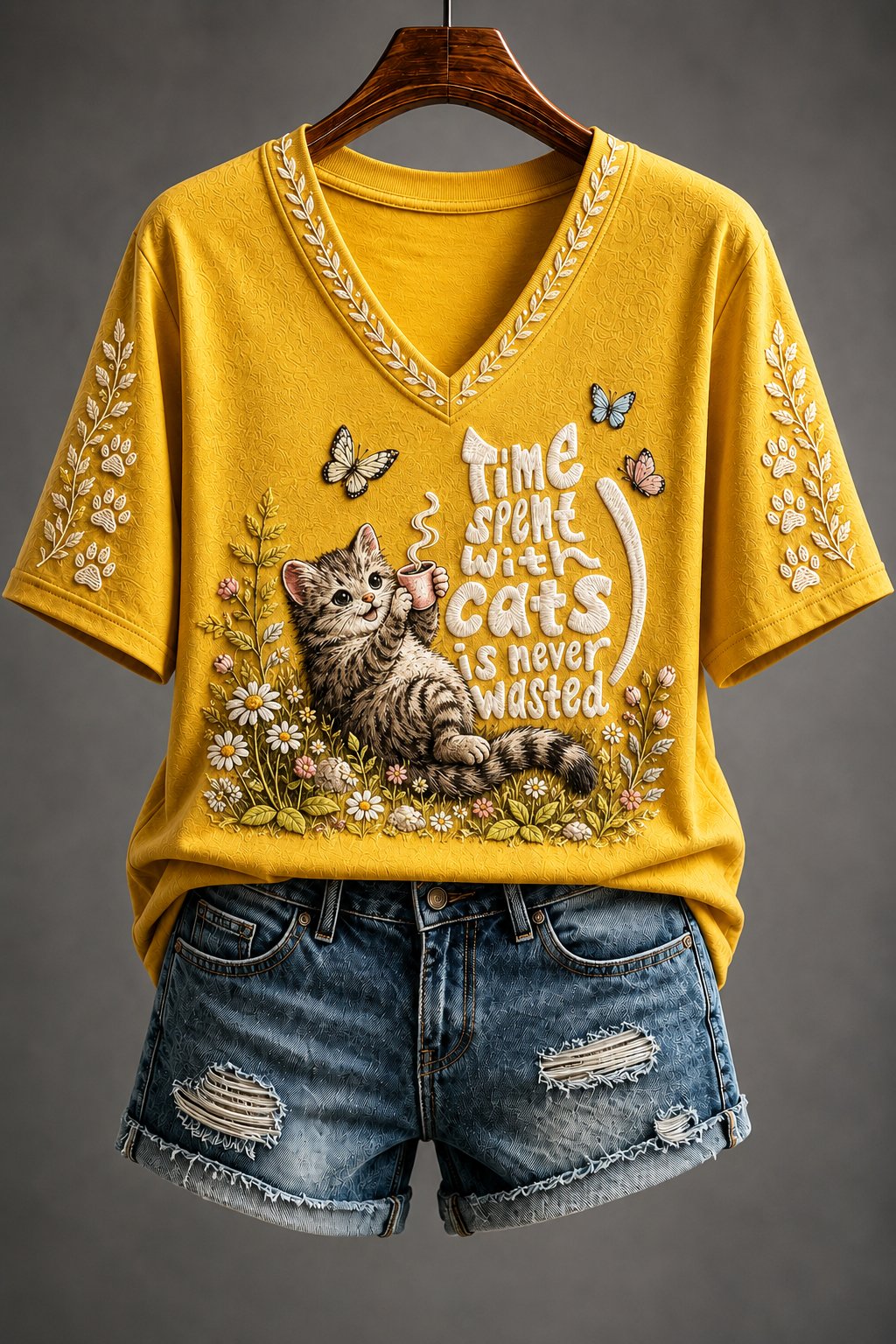 Women's Cat Print V-Neck Top