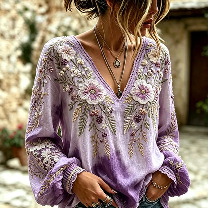 Women's Purple Long-sleeved V-neck Blouse, Decorated With Floral Pattern And Lace Trim.