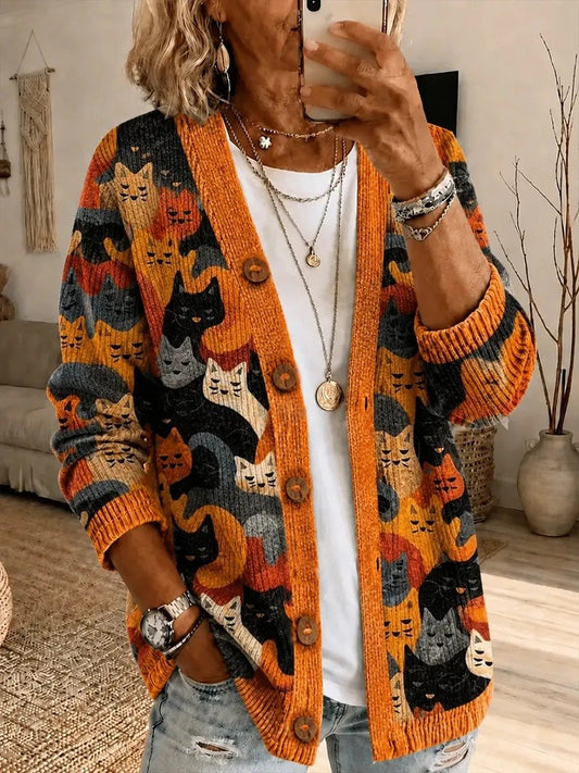 Women's Fall Patchwork Pumpkin Print Cardigan