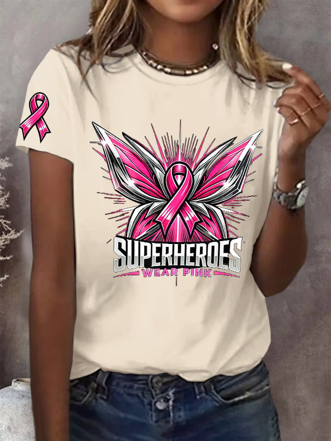 Women's Retro Superheroes Wear Pink Body-Positive For Breast Cancer Print T-Shirt
