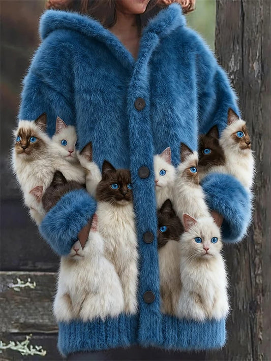 Women's Retro Cats Print Casual Mid-Length Hooded Cardigan
