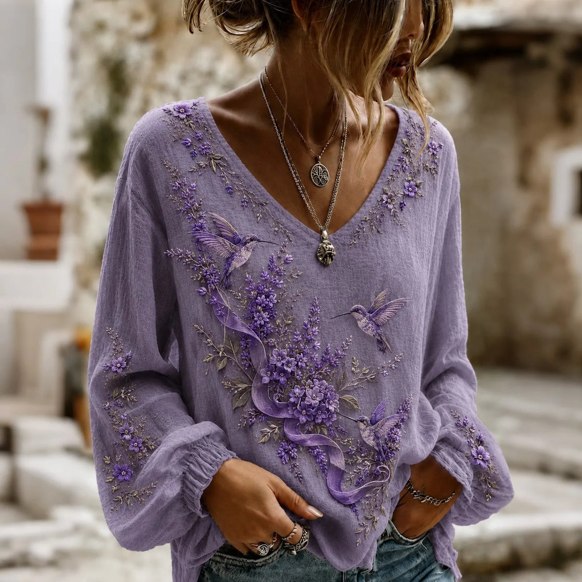 Women's Purple Floral And Hummingbird Alzheimer's Disease Awareness Print Cotton And Linen Shirt