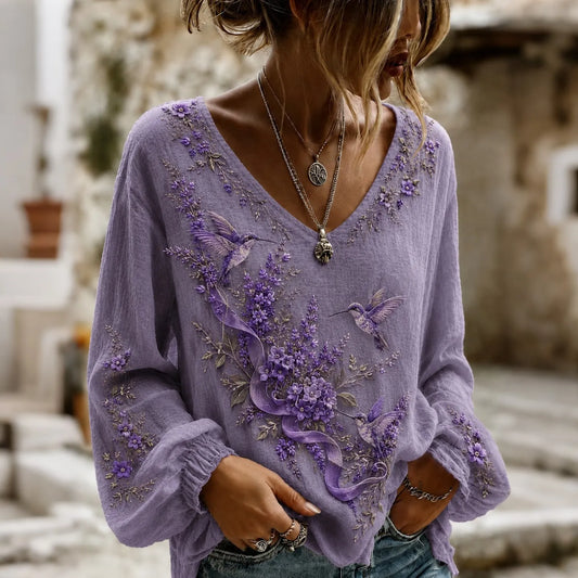 Women's Purple Floral And Hummingbird Alzheimer's Disease Awareness Print Cotton And Linen Shirt