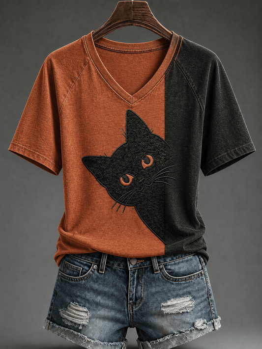 Women's Retro Black Cat Print V-Neck Top