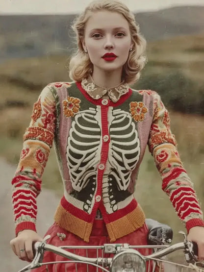Vintage Halloween Skeleton Bones With Floral Art Chunky Knitted Cardigan