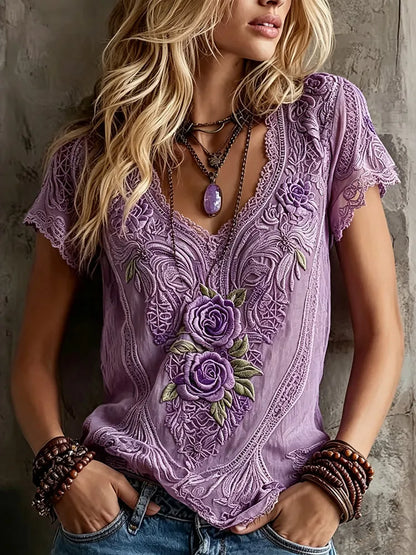 Women's Vintage Rose Embroidery Art V Neck Short Sleeve Linen Blend T-shirt