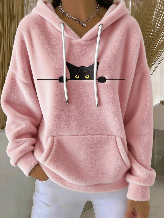 Women's Cute Cat Print Plush Hooded Sweatshirt