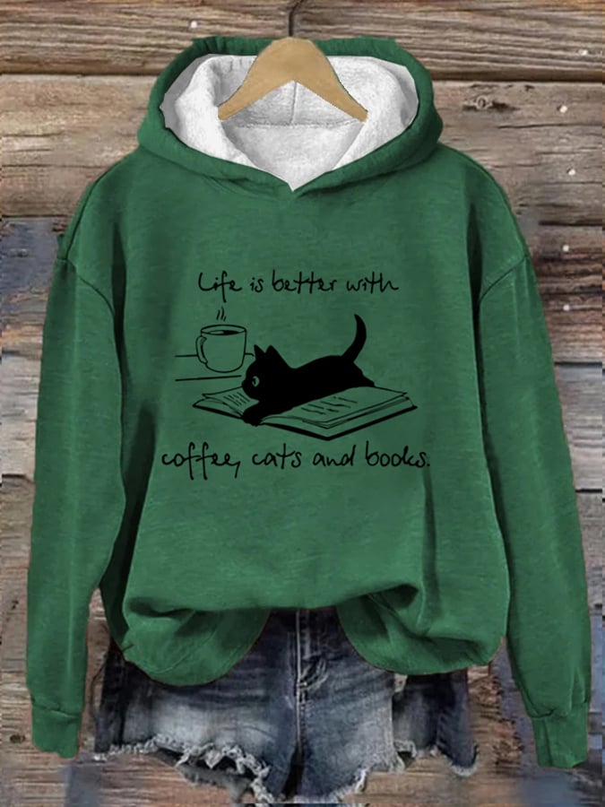 Women's Coffee Cat And Book Print Hoodie
