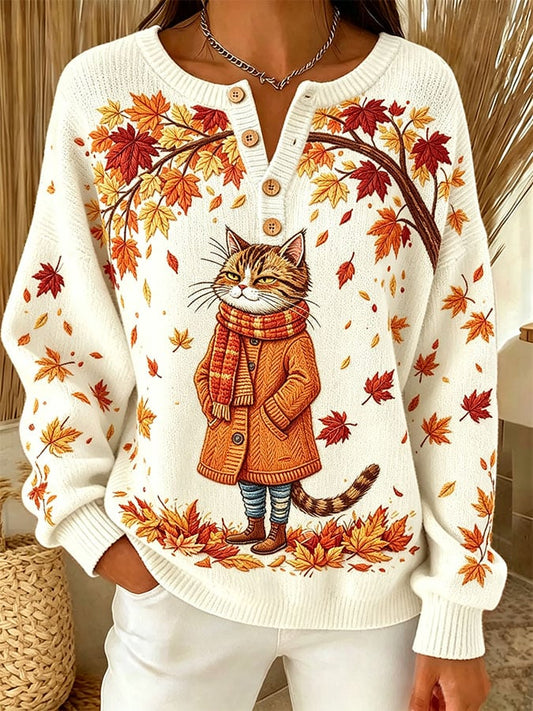 Women's Casual Print Button-Up Collar Knit Top