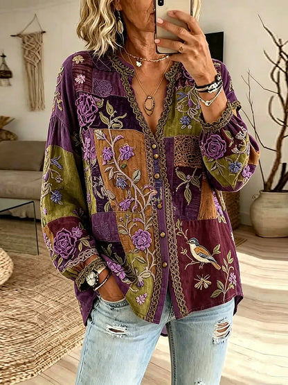 Women's Retro Purple Floral And Bird Patchwork Casual Shirt