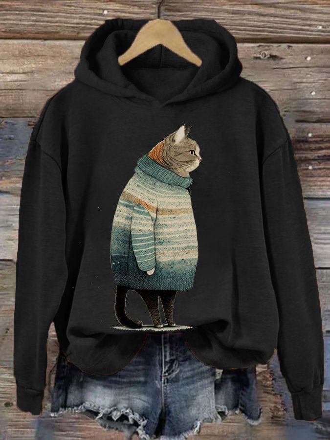 Women's Winter Cat Print Casual Hooded Sweatshirt