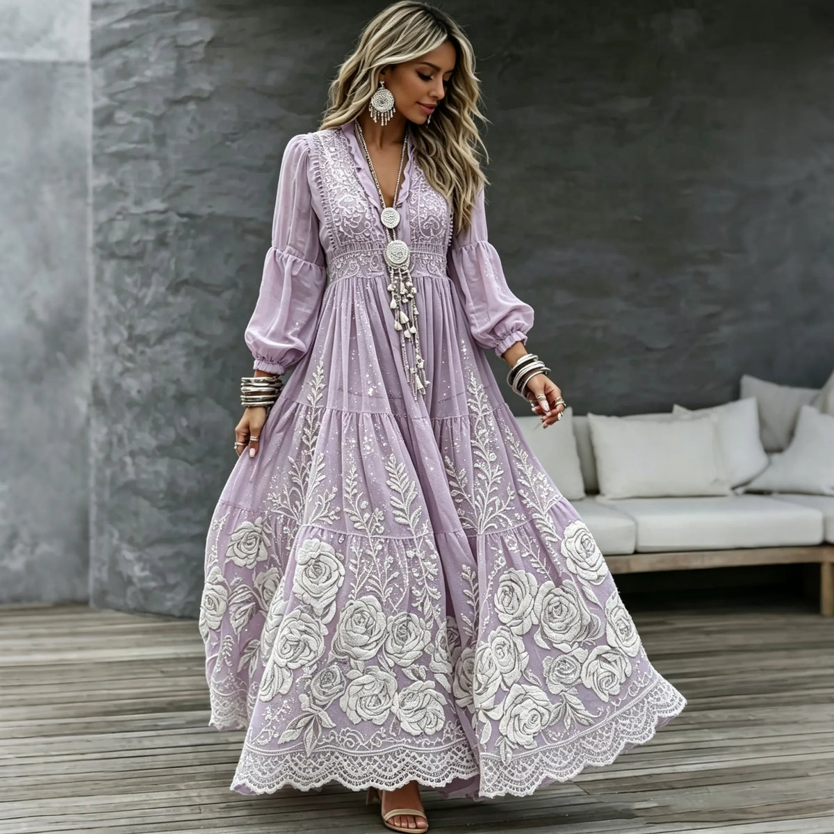 Women's Retro Tribal Floral Art Print Casual V Neck Long Sleeve Maxi Dress