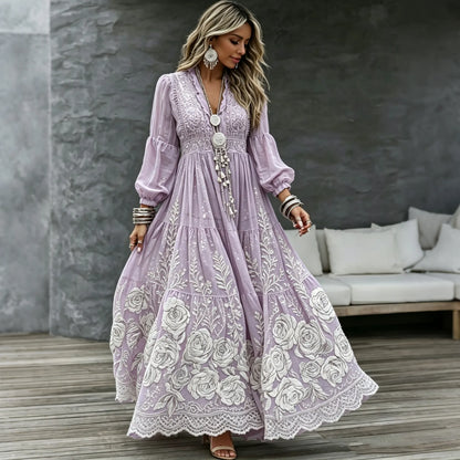 Women's Retro Tribal Floral Art Print Casual V Neck Long Sleeve Maxi Dress