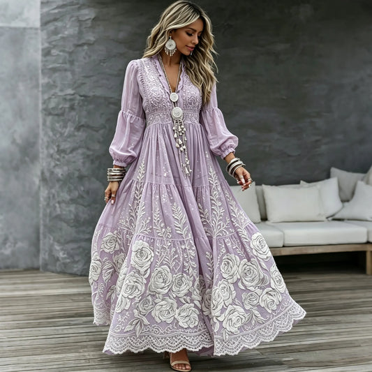 Women's Retro Tribal Floral Art Print Casual V Neck Long Sleeve Maxi Dress