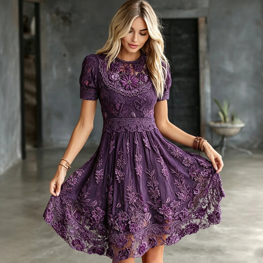 Women's Retro Purple Floral Embroidery Round Neck Dress