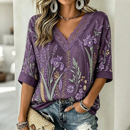 Women's Retro Purple Floral Art V-neck Cotton Linen Short-sleeved T-shirt