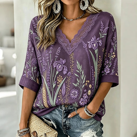 Women's Retro Purple Floral Art V-neck Cotton Linen Short-sleeved T-shirt