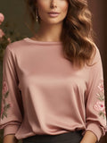Women'S Pink Floral Print Casual Long-Sleeved Top