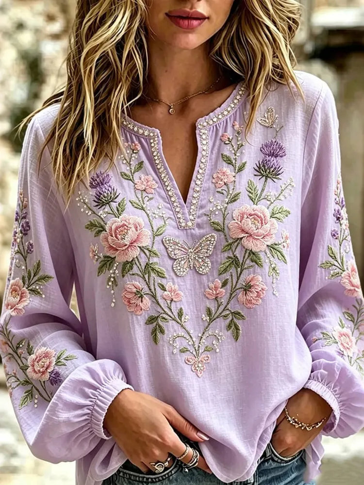 Women's Vintage Floral Embroidery Art V-neck Long Sleeve Blouse