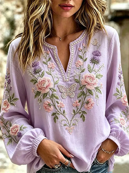 Women's Vintage Floral Embroidery Art V-neck Long Sleeve Blouse