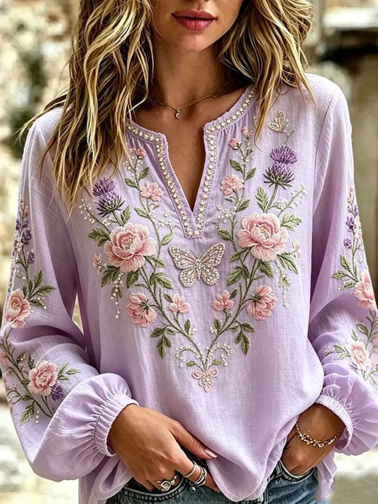 Women's Vintage Floral Embroidery Art V-neck Long Sleeve Blouse