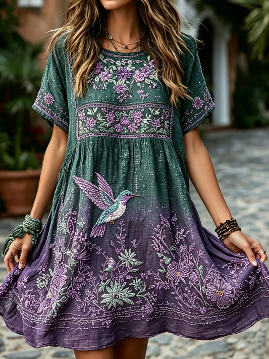 Women's Retro Gradient Floral Hummingbird Embroidered Casual Cotton Linen Round Neck Dress