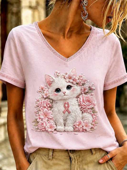 Women's Cat Breast Cancer Awareness Short-Sleeved T-Shirt