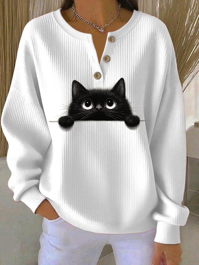 Women's Cat Print Knitted Crew Neck Long Sleeve Top