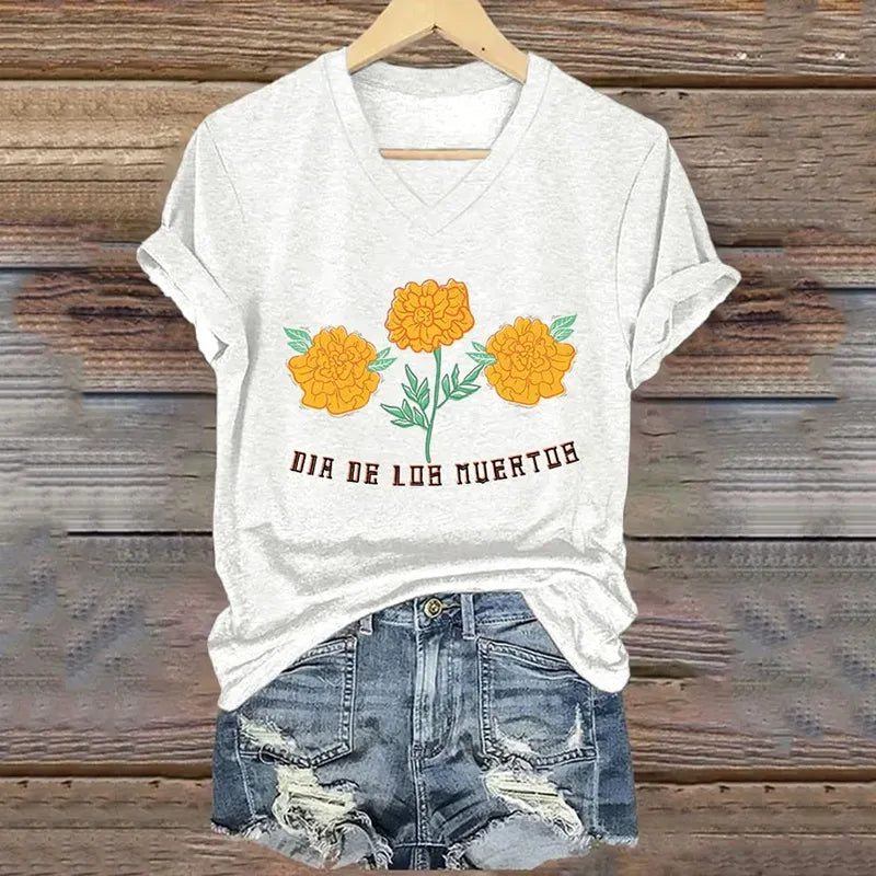 Mexican Retro Day Of The Dead Dia De Los Muertos Inspired Painting V-Neck T-Shirt