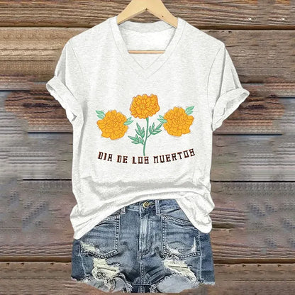 Mexican Retro Day Of The Dead Dia De Los Muertos Inspired Painting V-Neck T-Shirt
