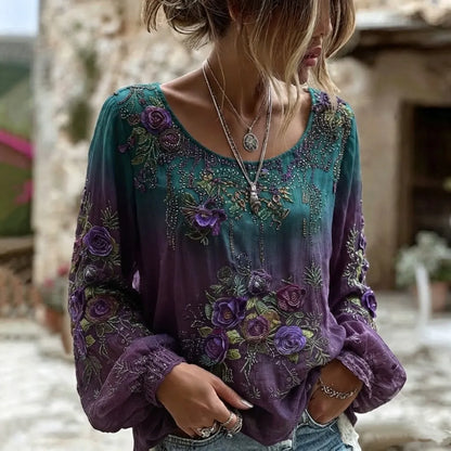 Women's Retro Purple Rose Embroidery Pattern Casual Round Neck T-shirt