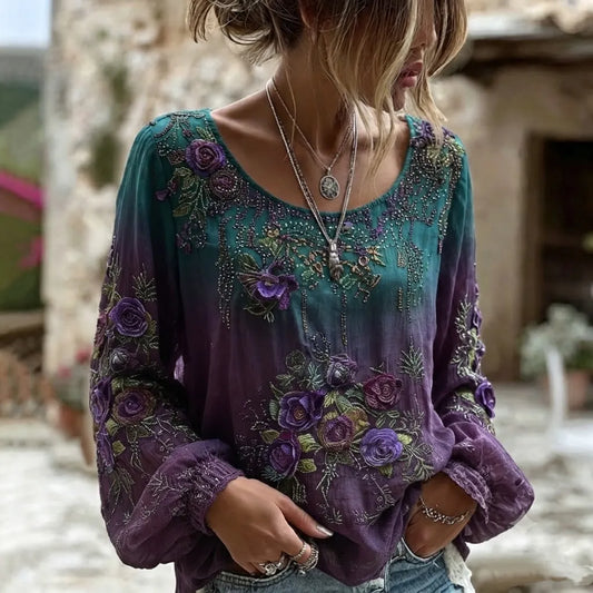 Women's Retro Purple Rose Embroidery Pattern Casual Round Neck T-shirt