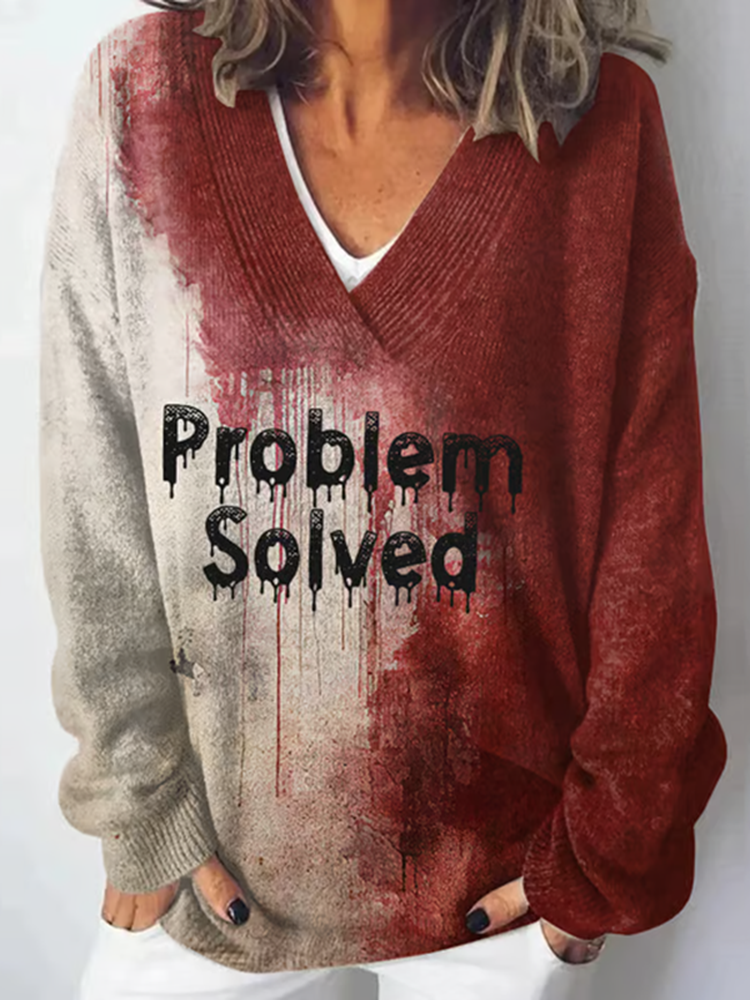 Bloody Problem Solved Halloween V-Neck Cozy Sweater