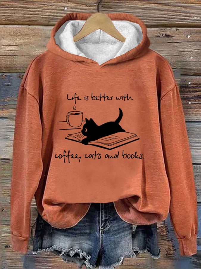 Women's Coffee Cat And Book Print Hoodie